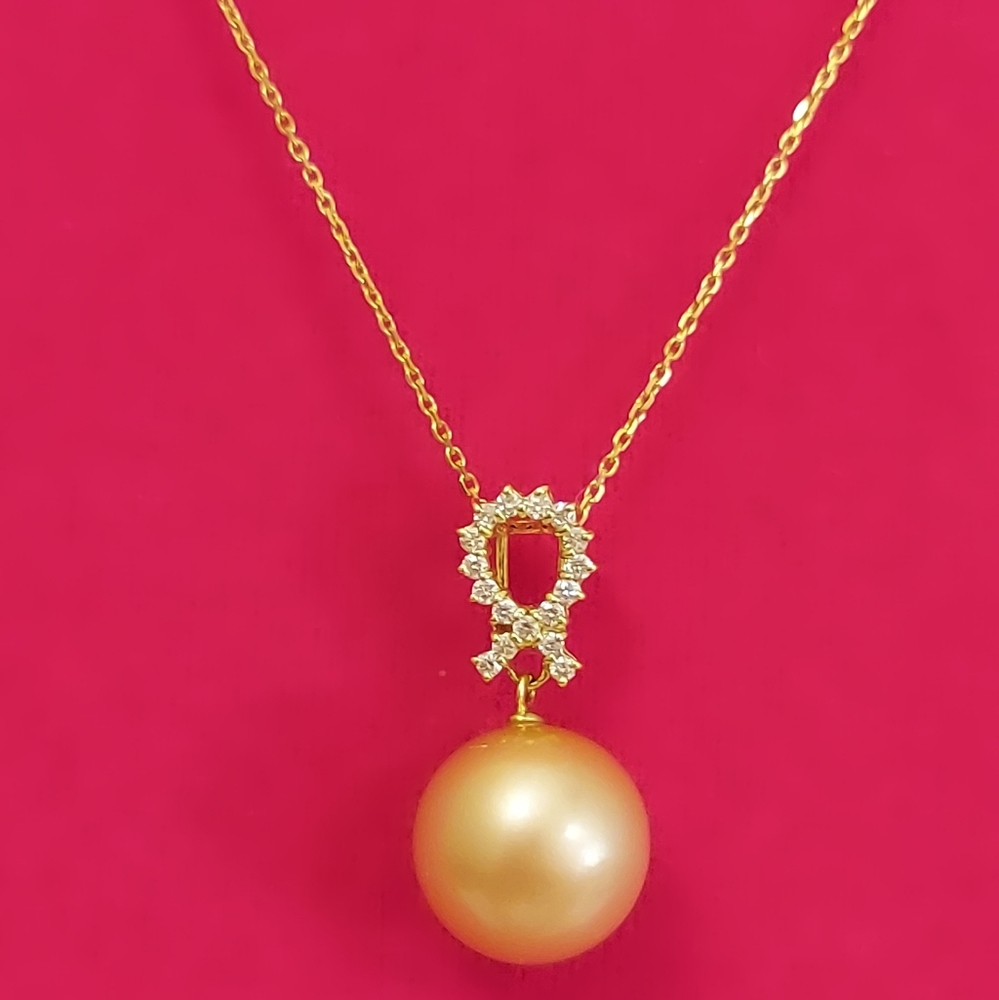 18K Yellow Gold Golden South Sea Pearl Diamond Pendant Necklace - Picture 10 of 14